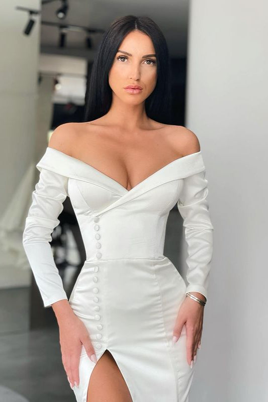 Glamorous White Long Sleeves Mermaid Evening Dress Off-the-shoulder Split Prom Gown-Ballbella
