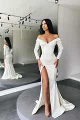 Glamorous White Long Sleeves Mermaid Evening Dress Off-the-shoulder Split Prom Gown-Ballbella