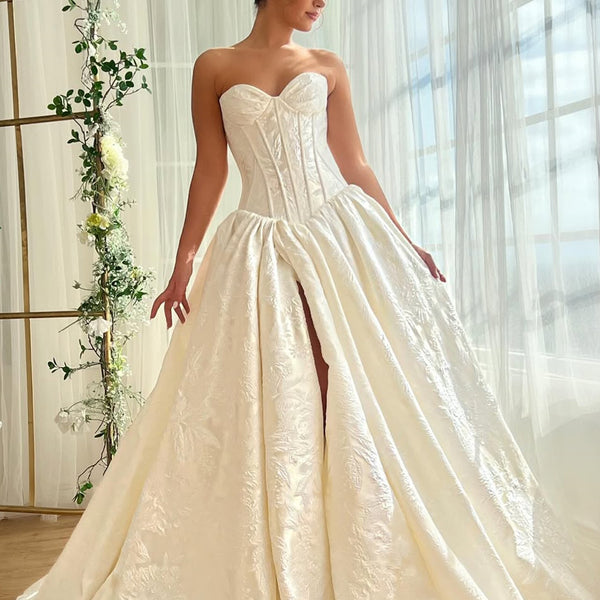 white strapless dress with split A-Line Ruffle Long Prom Split, Champagne / Custom Size slip silicone lined back will ensure you the ultimate stay Universe | White Bandeau Split