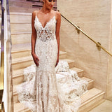 Inspired by this wedding dress at ballbella.com,Mermaid style, and Amazing Lace work? We meet all your need with this Classic Glamorous White V-Neck Lace Mermaid Slim Wedding Bridal Dress.