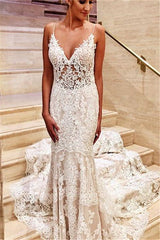 Glamorous White V Neck Lace Mermaid Slim Wedding Bridal Dress-Ballbella