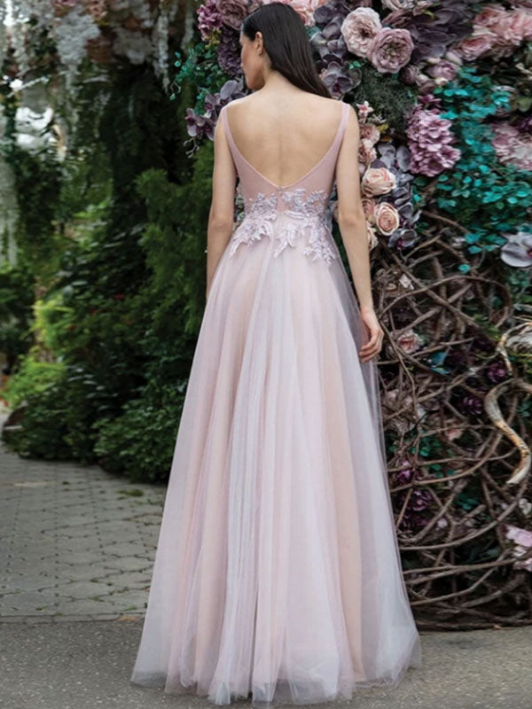 Glamorous Women Evening Dress A-Line V-Neck Floor-Length Backless Applique Lace Social Pageant Dresses Split Gown-Ballbella