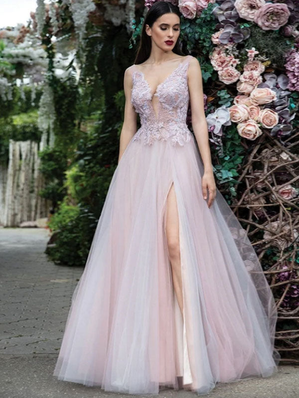 Glamorous Women Evening Dress A-Line V-Neck Floor-Length Backless Applique Lace Social Pageant Dresses Split Gown-Ballbella