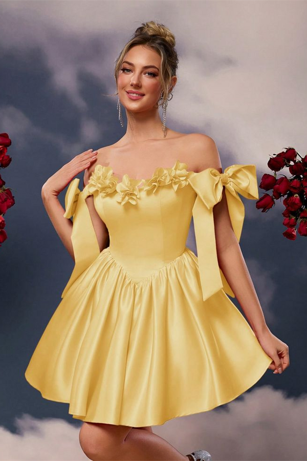 yellow off the shoulder homecoming dress Yellow Satin V-neck Off Shoulder Prom Dresses Short Homecoming Dresses