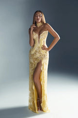 Glamorous Yellow V-Neck Strapless Sleeveless Prom Dress Mermaid Column With High Split-Ballbella