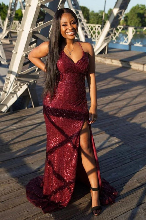 Looking for Prom Dresses, Evening Dresses in Sequined,  high split style,  and Gorgeous Split Front work? Ballbella has all covered on this elegant Glitter Sequins Spaghetti Prom Party Dress Splitfront Cocktail Party Dress.