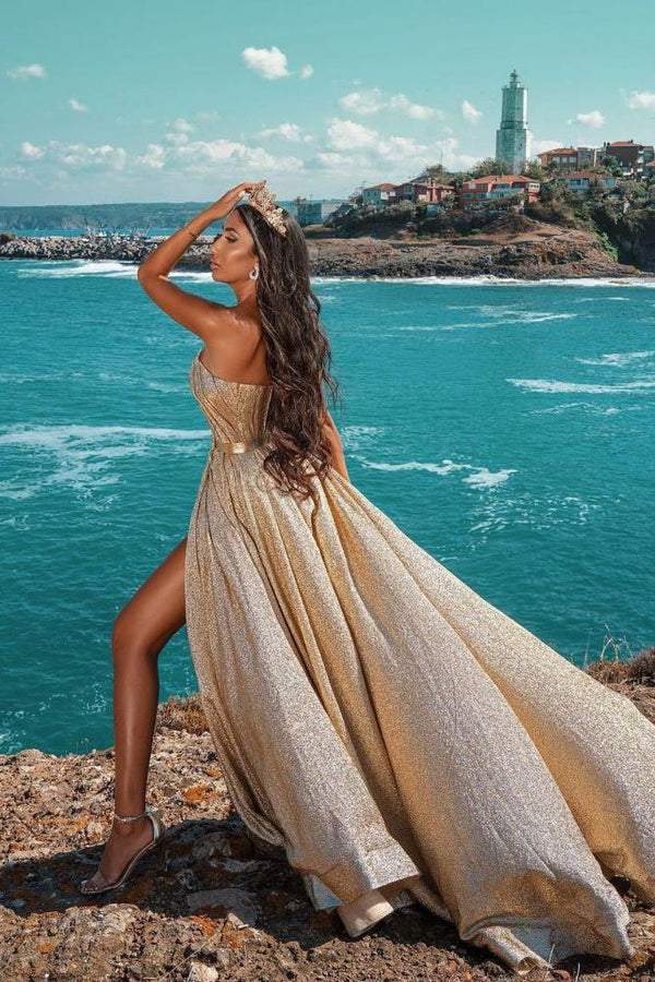 Glitter Sleeveless Splitfront Evening Party Maxi Dress Wedding Party Dress