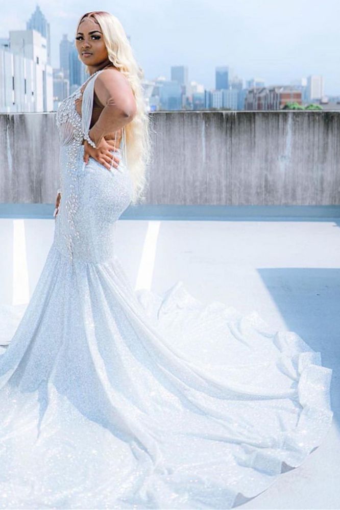 Glitter V-Neck affordable plus size prom dresses mermaid Evevning dress-Ballbella