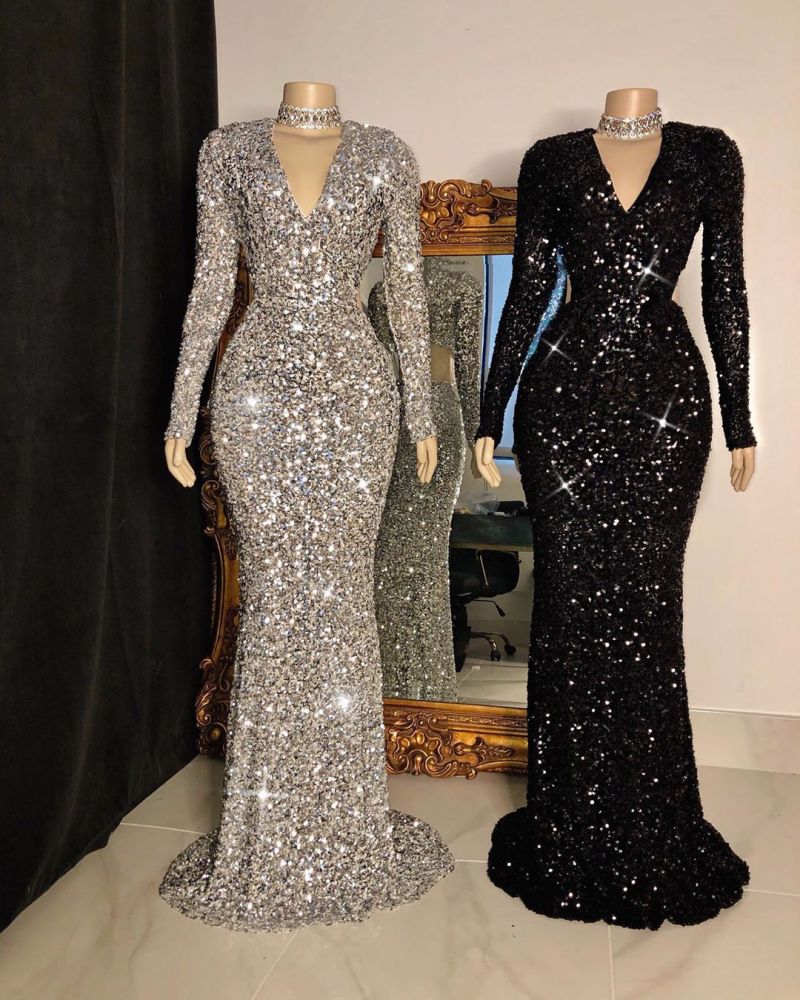 Looking for Prom Dresses, Evening Dresses, Real Model Series in Sequined,  Column style,  and Gorgeous Sequined work? Ballbella has all covered on this elegant Glittering Crystal Sequins Long Sleevess V-neck Mermaid Prom Dresses.