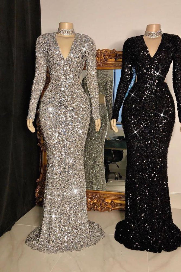 Glittering Crystal Sequins Long Sleevess V-neck Mermaid Prom Dresses-Ballbella