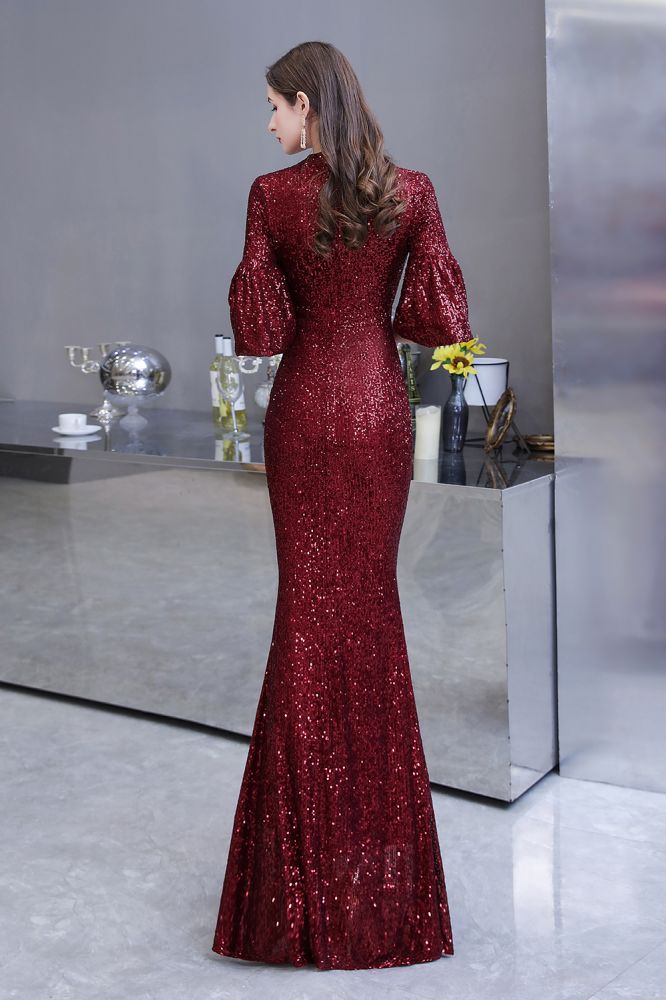 Looking for Prom Dresses, Evening Dresses, Homecoming Dresses, Quinceanera dresses in Sequined,  Mermaid style,  and Gorgeous Sequined, Hollowout work? Ballbella has all covered on this elegant Glittering Half Sleeves Keyhole Mermaid Long Burgundy Prom Dress.