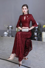Looking for Prom Dresses, Evening Dresses, Homecoming Dresses, Quinceanera dresses in Sequined,  Mermaid style,  and Gorgeous Sequined, Hollowout work? Ballbella has all covered on this elegant Glittering Half Sleeves Keyhole Mermaid Long Burgundy Prom Dress.