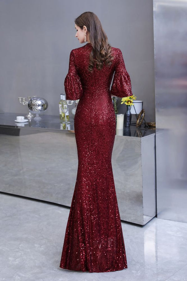 Glittering Half Sleeves Keyhole Mermaid Long Burgundy Prom Party Gowns-Ballbella