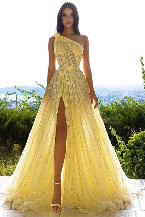 Glittering One Shoulder Daffodil Sequins Prom Dress Long Split Online-Ballbella