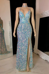 Glittering Spaghetti-Straps Sequins Prom Dress Mermaid Sleeveless With Slit-Ballbella
