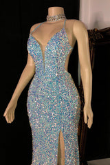 Glittering Spaghetti-Straps Sequins Prom Dress Mermaid Sleeveless With Slit-Ballbella