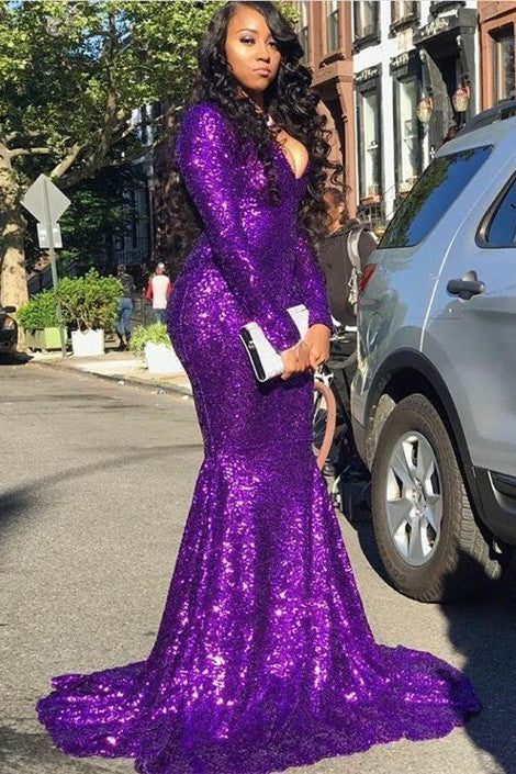 Looking for Prom Dresses, Evening Dresses in Sequined,  Mermaid style,  and Gorgeous work? Ballbella has all covered on this elegant Glittering V-neck Long Sleevess Sequins Mermaid Prom Dresses.