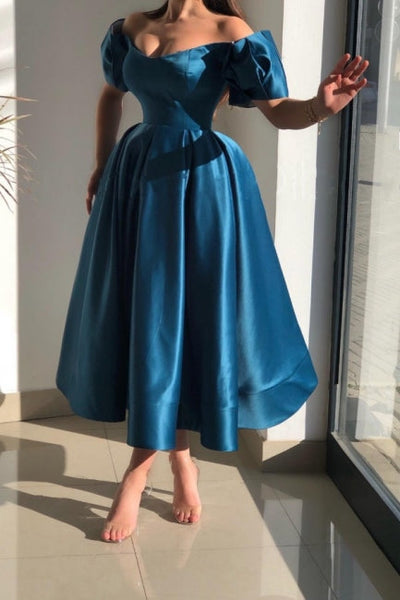 blue dress for baby girl Glorious Blue Off-The-Shoulder A-Line Ankle-Length Satin Evening Dresses