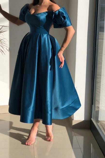 Glorious Blue Off-the-shoulder A-Line Ankle-Length Satin Evening Dresses-Ballbella