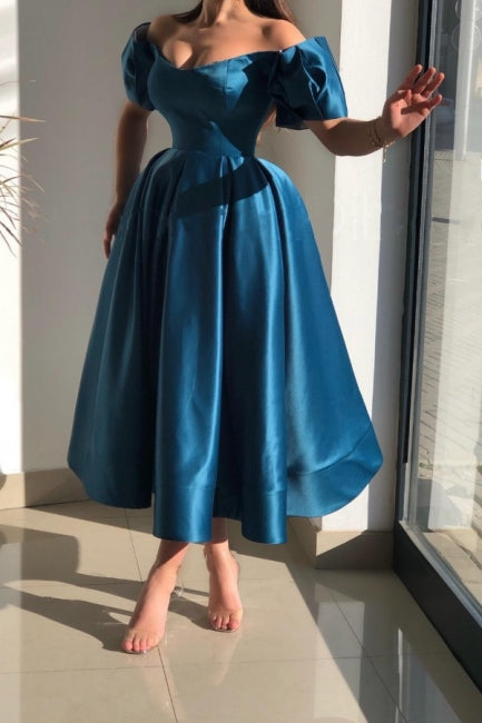 Glorious Blue Off-the-shoulder A-Line Ankle-Length Satin Evening Dresses-Ballbella