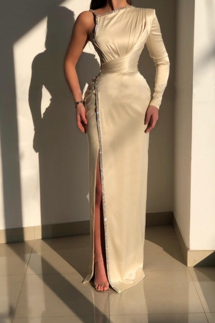Glorious Ivory One Shoulder Long-Sleeve Sheath Evening Dresses With Sequins-Ballbella