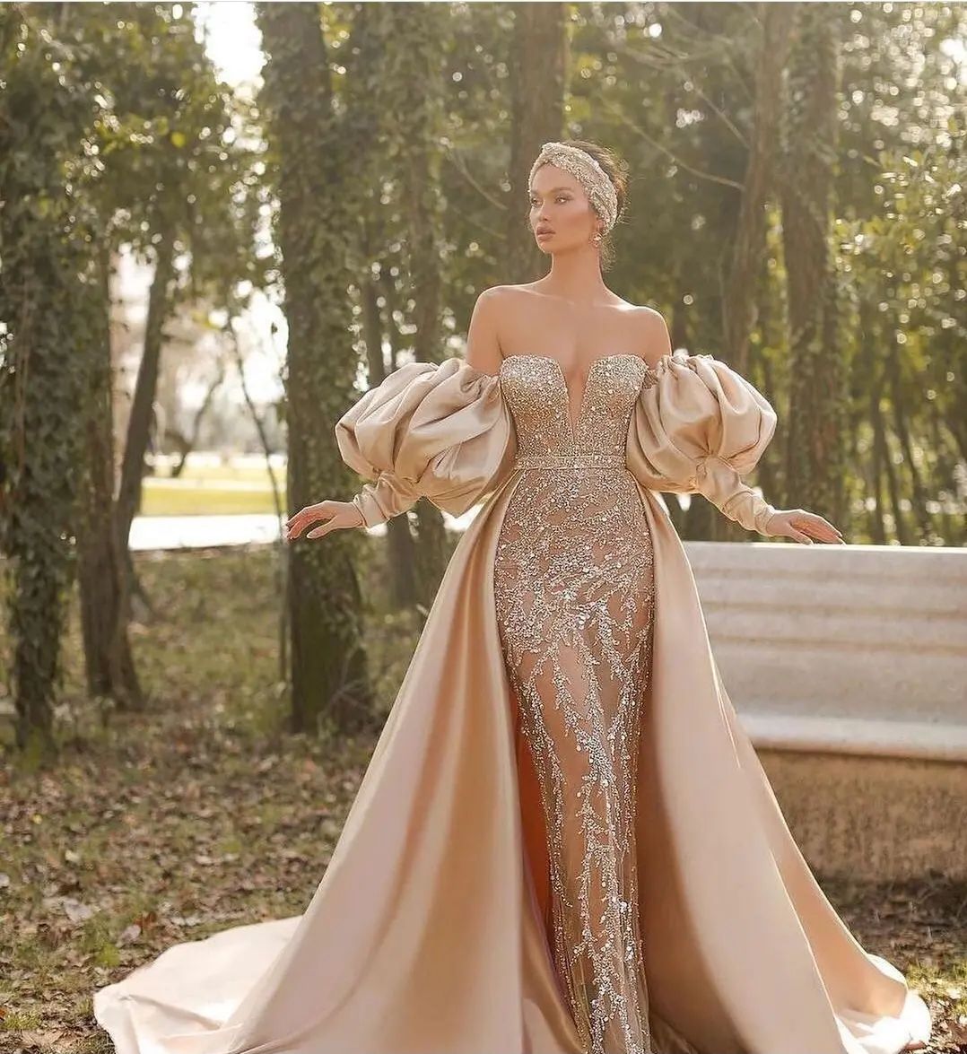 Elegant Mermaid Off-Shoulder Sleeve Open-Back Maxi Evening Dress