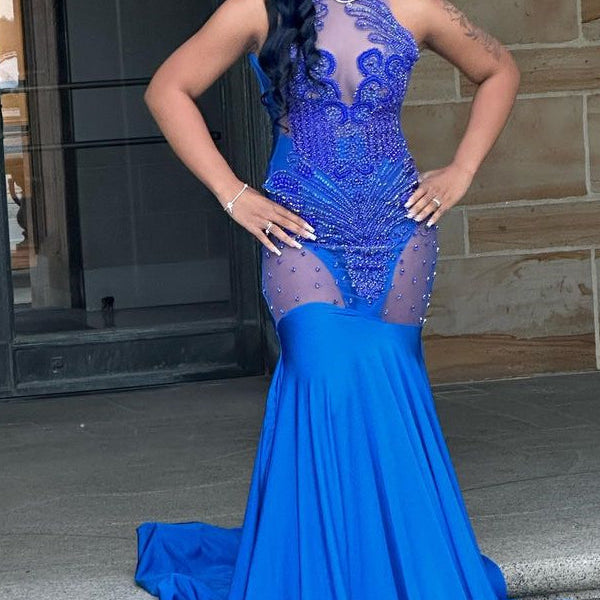 Glorious Royal Blue Lace Sleeveless Mermaid Prom Dress