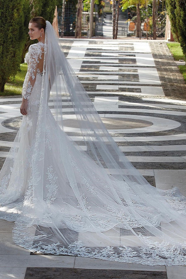 Glorious V-Neck Mermaid Appliques Long Sleeves Wedding Dresses Lace Appliques-Ballbella