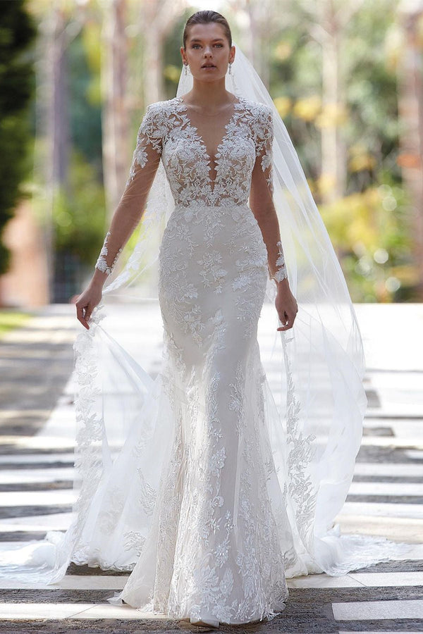 Glorious V-Neck Mermaid Appliques Long Sleeves Wedding Dresses Lace Appliques-Ballbella