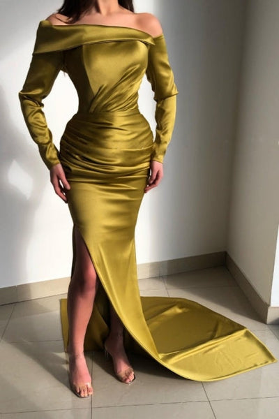 yellow off the shoulder mermaid dress Glorious Yellow Off-the-shoulder Long-Sleeve Mermaid Long-Sleeve Evening Dresses
