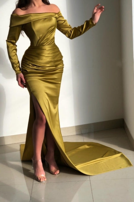 Glorious Yellow Off-the-shoulder Long-Sleeve Mermaid Long-Sleeve Evening Dresses-Ballbella