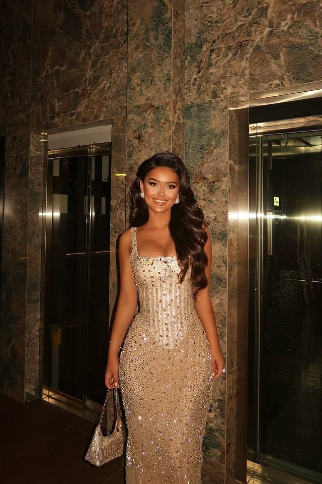 sparkly cream dress Glowing Champagne Square Mermaid Straps Prom Dresses Sequins Sleeveless With Beads Size:9XL 6) / L (8 SWATCH Buy Black Indian Dresses