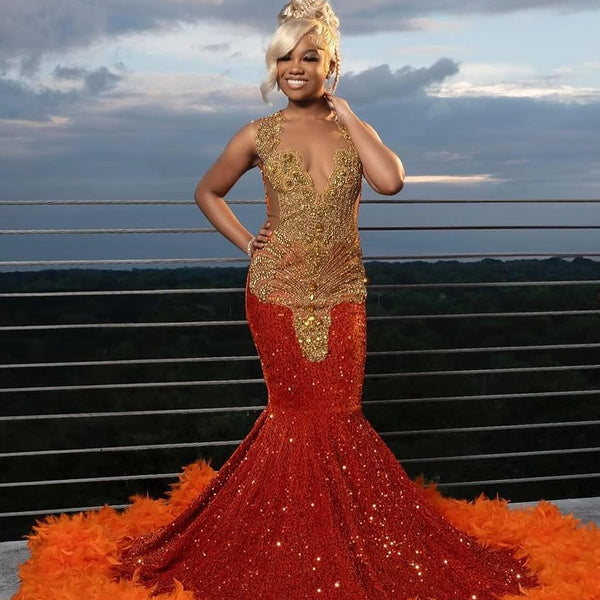 Gold Appliques Orange Feathers Sequin Mermaid Long Prom Dresses