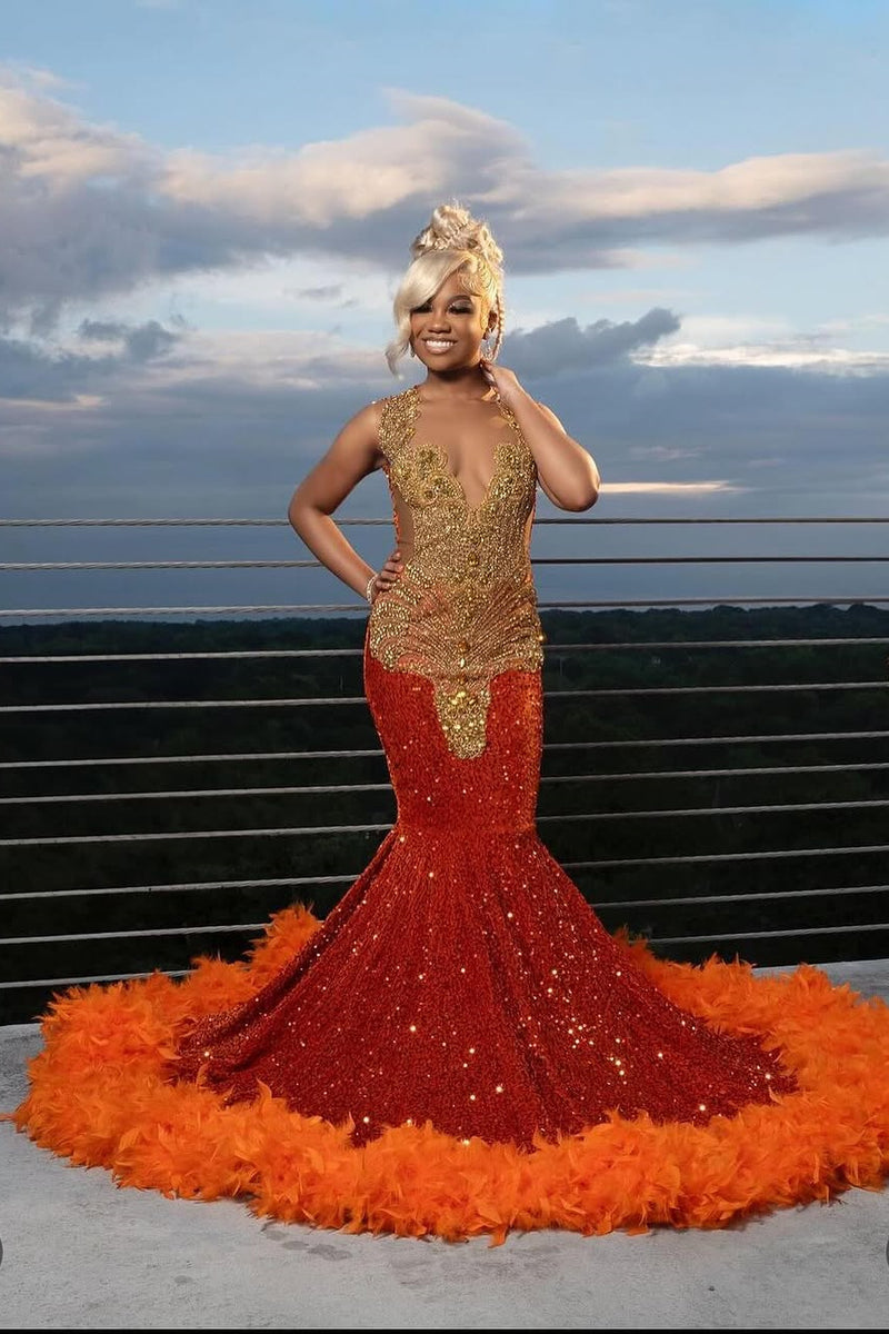 Gold appliques Orange Feathers Sequin Mermaid Long Prom Dresses Gold appliques Orange Feathers Sequin Mermaid Long Prom Dresses