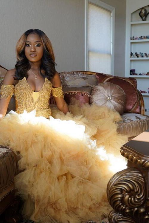 Gold Beads Appliques Fit and Flare Prom Dresses Off-the-Shoulder Tulle Ruffles Evening Gowns-Ballbella