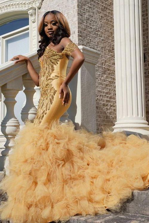 Gold Beads Appliques Fit and Flare Prom Dresses Off-the-Shoulder Tulle Ruffles Evening Gowns-Ballbella