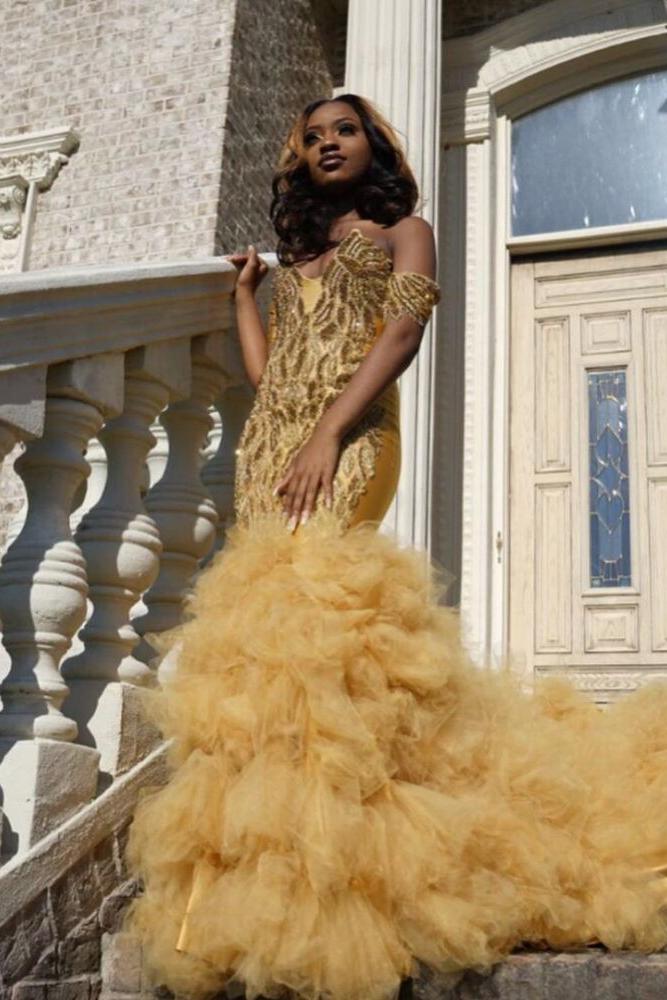 Gold Beads Appliques Fit and Flare Prom Dresses Off-the-Shoulder Tulle Ruffles Evening Gowns-Ballbella