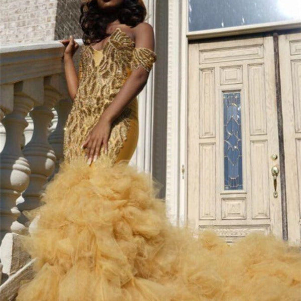 Gold Beads Appliques Fit and Flare Prom Dresses Off-The-Shoulder Tulle Ruffles Evening Gowns