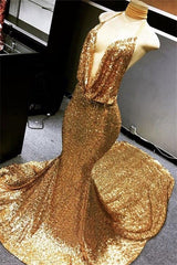 Gold Halter V-neck Mermaid Charming Sequined Deep Flow Neck Prom Party Gowns-Ballbella