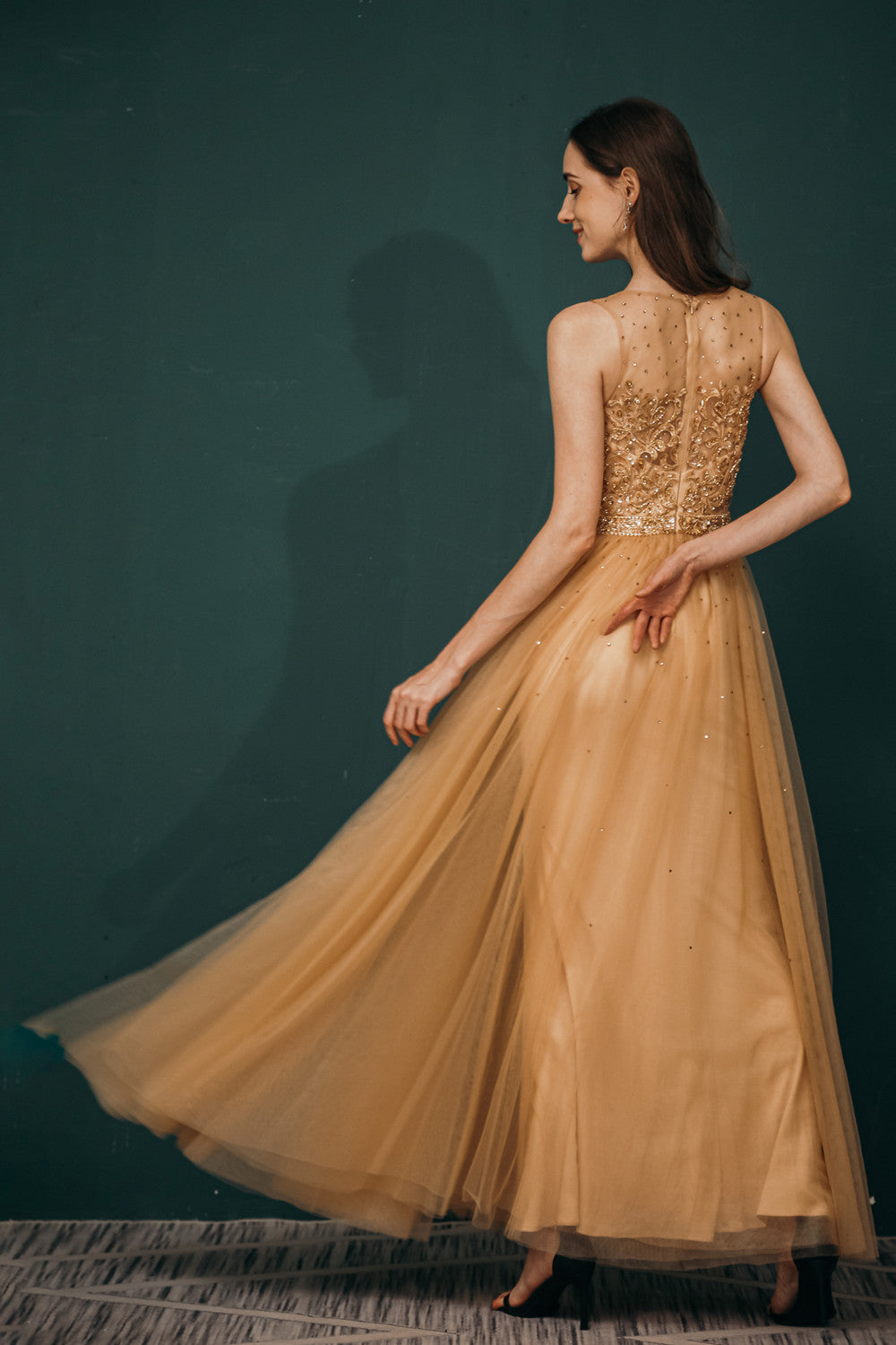 Gold Illusion neck Beaded Appliques Prom Dress, Gold / US2
