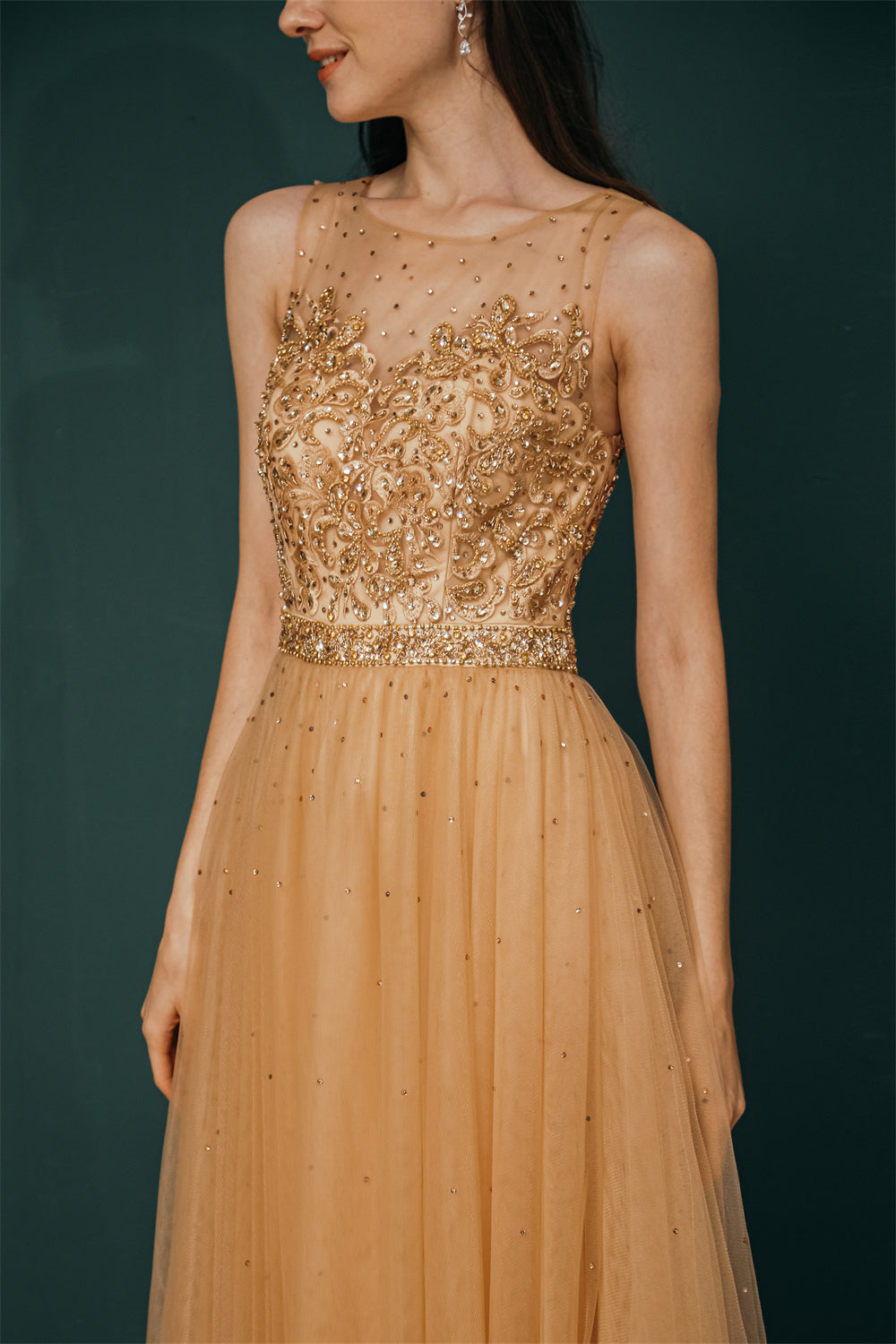 Gold Illusion neck Beaded Appliques Prom Dress, Gold / US2 Gold Illusion neck Beaded Appliques Prom Dress, Gold / US2