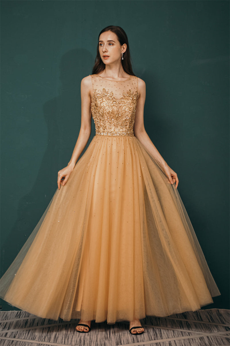 Gold Illusion neck Beaded Appliques Prom Dress Gold Illusion neck Beaded Appliques Prom Dress