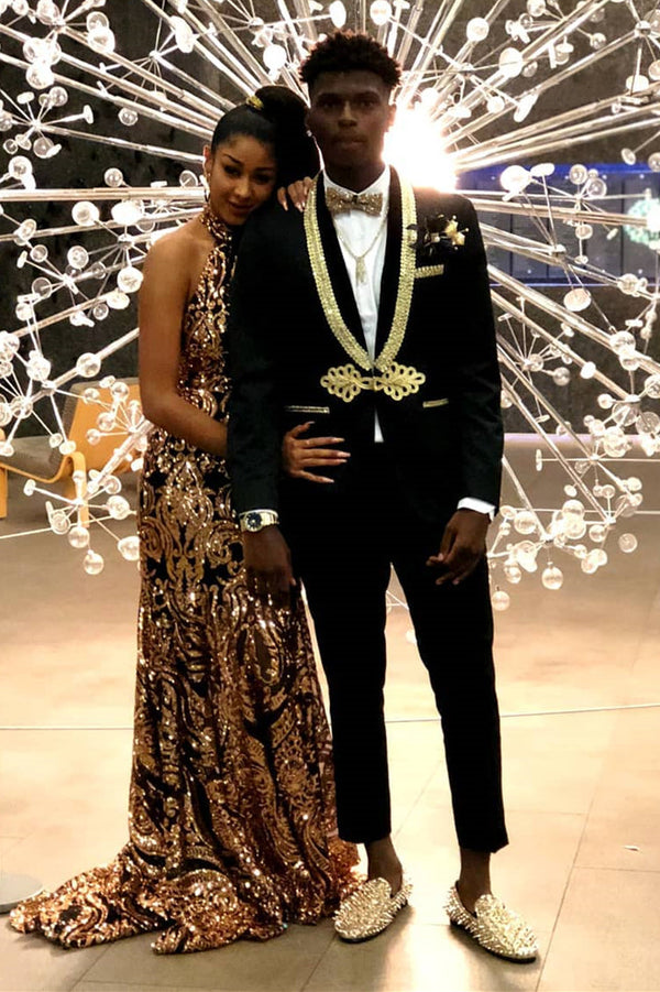 Gold Lapel Black Men's Suit Knitted Button Suit for Prom-Ballbella