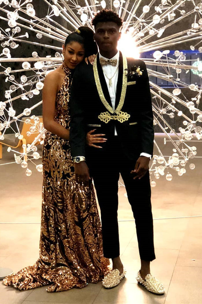 black and gold formal dress for men Men's Black And Gold Jacquard Tuxedo Suit Luxury Slim Fit Formal Wedding, Prom 2026, Gala Outfit Usa Outlet 34 Short or Extra Small