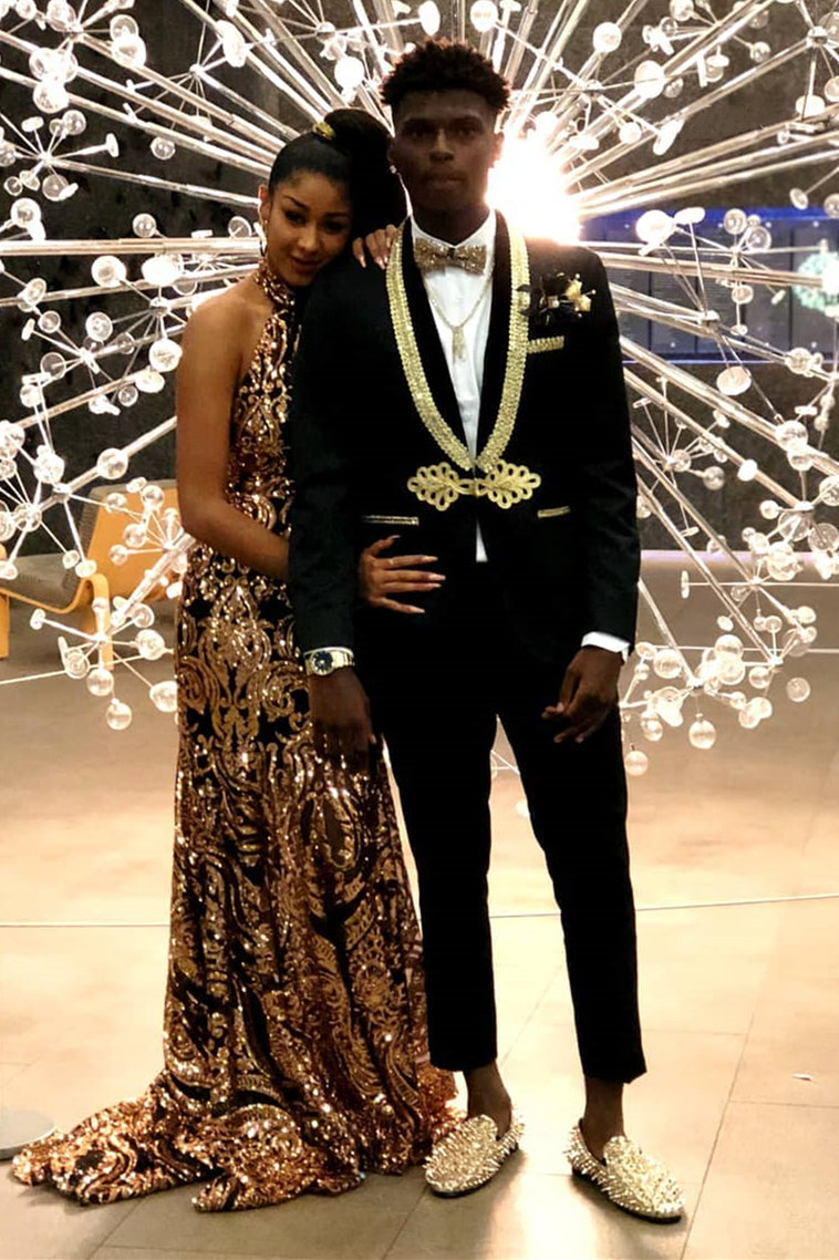 Gold Lapel Black Men's Suit Knitted Button Suit for Prom-Ballbella