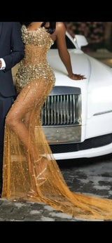 Gold Off Shoulder Sweetheart Silver Gems Floor length Prom Dress-Ballbella