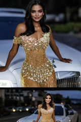Gold Off Shoulder Sweetheart Silver Gems Floor length Prom Dress-Ballbella