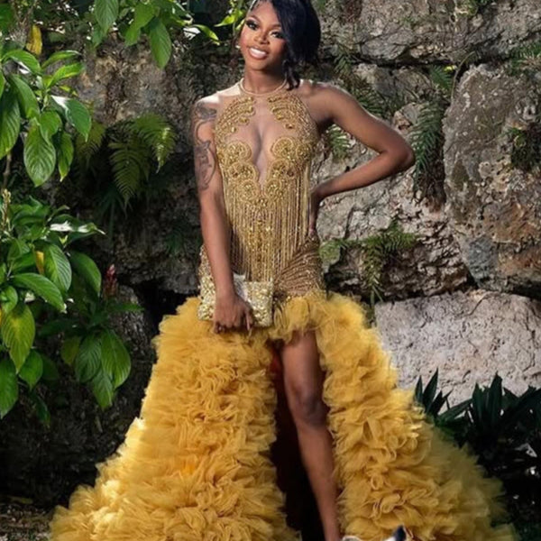 Gold Ruffles Mermaid Luxury Sequin Floor length Prom Dresses