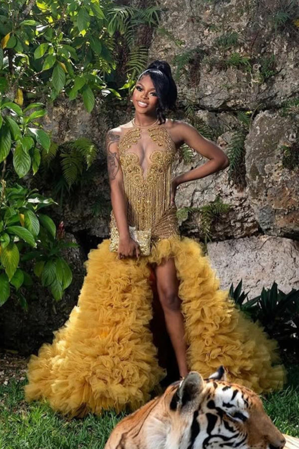 gold ruffle dress Off-Shoulder Tiered Mini St Zandas a perfect blend of sophistication and fairy tale charm Lace Up Short Sleeve Deep