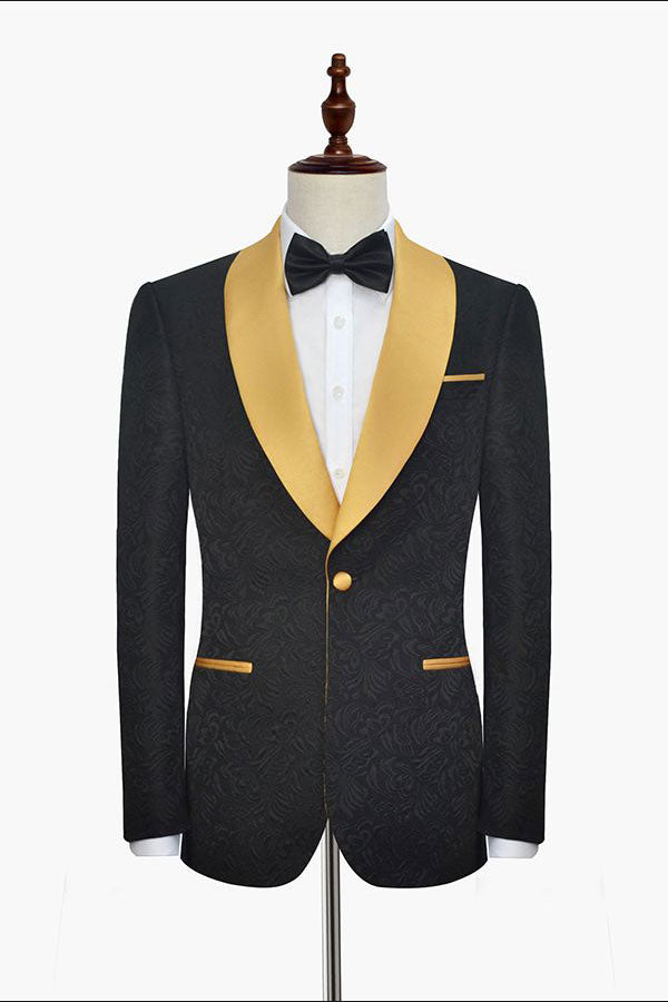 Gold Shawl Lapel One Button Wedding Tuxedo Black Jacquard Marriage Suits-Ballbella